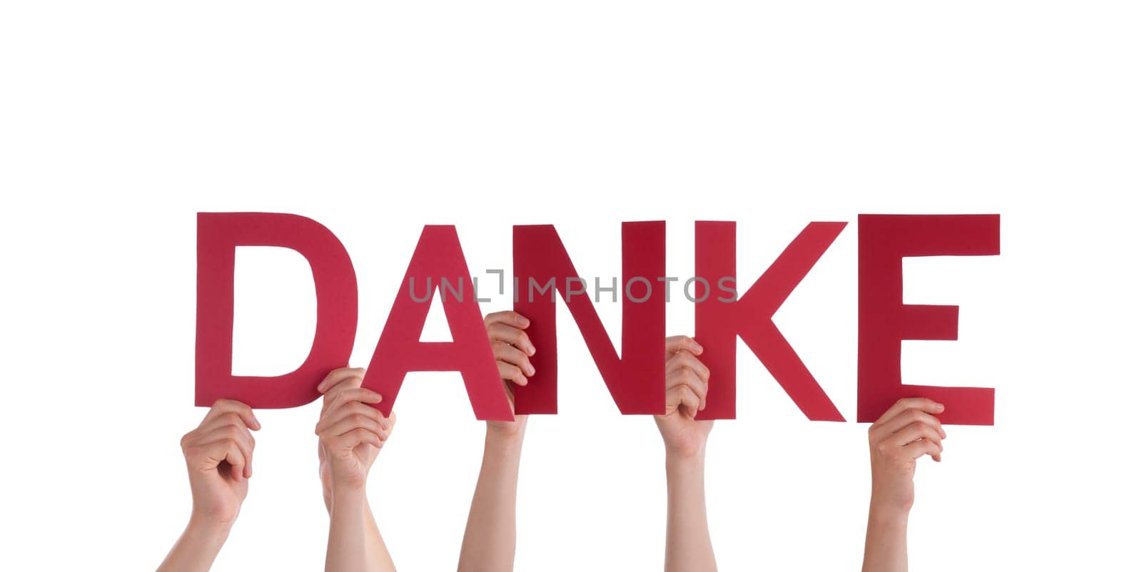 Many People Holding a the German Word Danke which means Thanks, Isolated