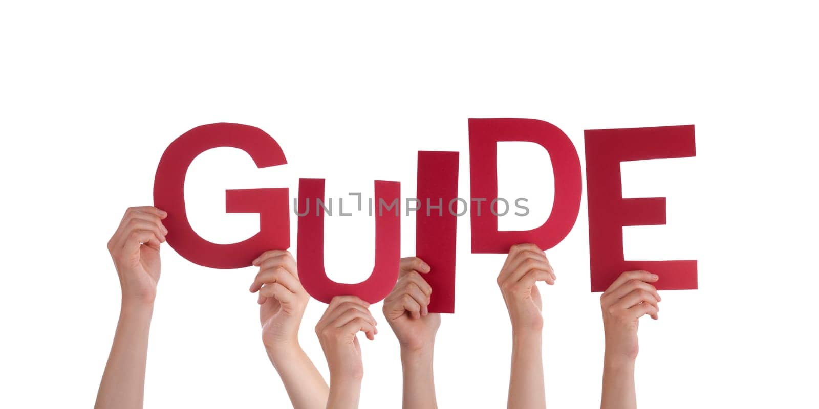 Many Hands Holding the red Word Guide, Isolated