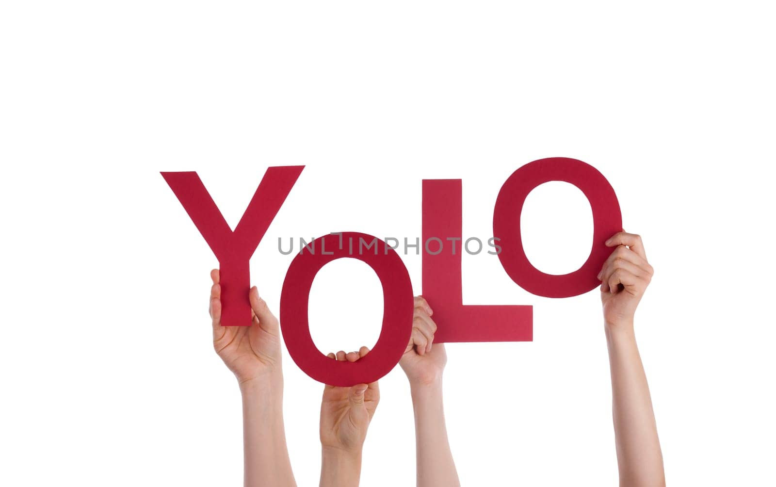 Many Hands Holding the Word Yolo, Isolated