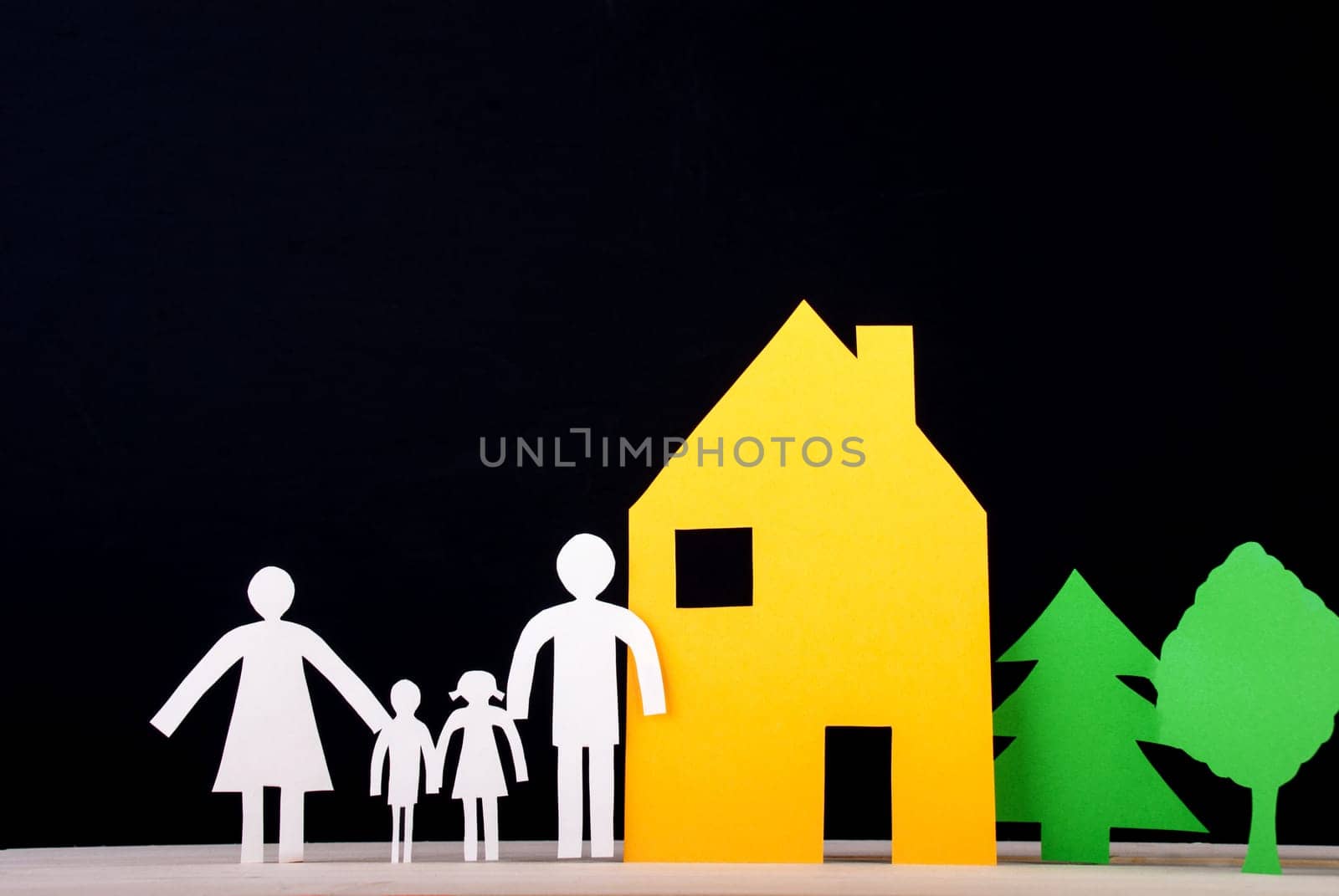 A Family in Front of their House with Trees beside, Paper Family