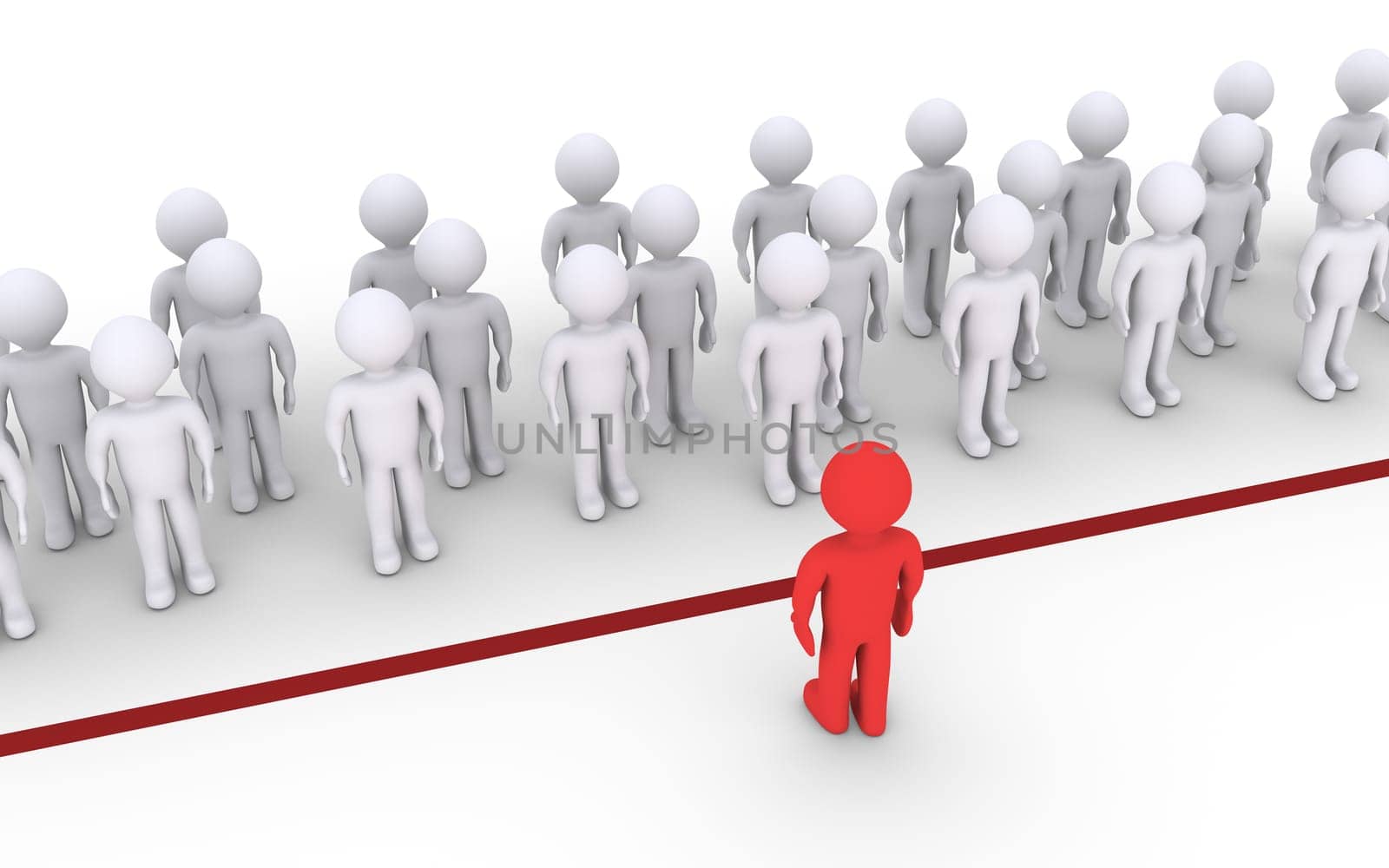 Many people are behind a line but one is facing them