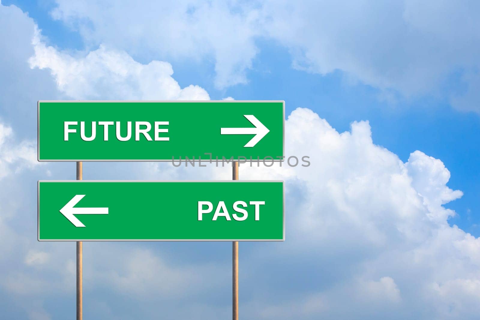 future and past on green road sign with blue sky