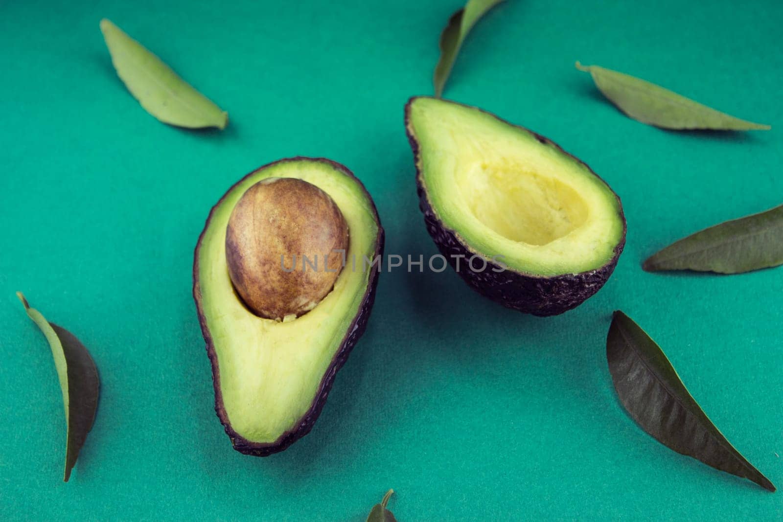 Black Ripe Avocados with leaves.