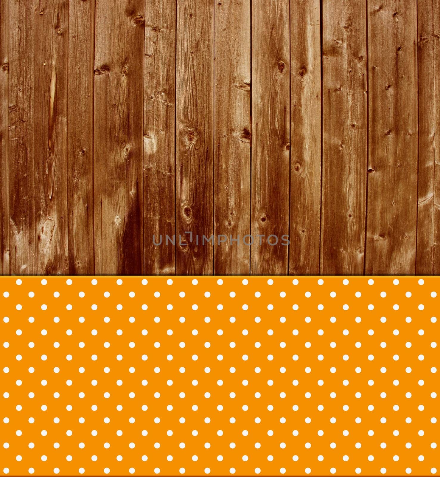 Old wooden boards and orange surface with white dots