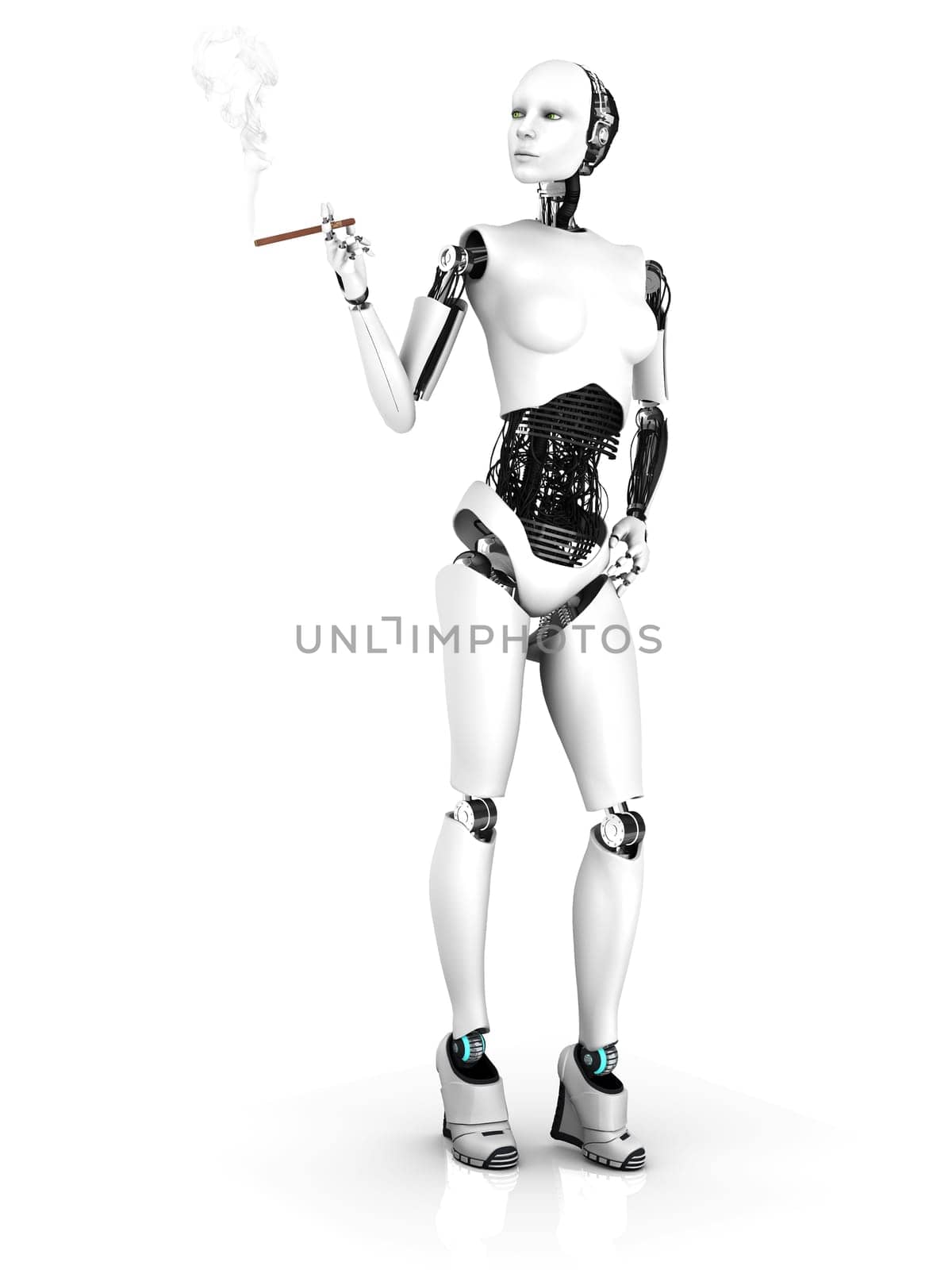 A sexy female robot smoking a cigar. White background.