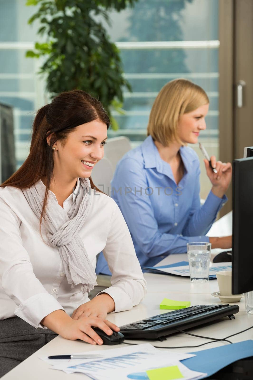 Beautiful businesswoman using computer with colleague at office desk