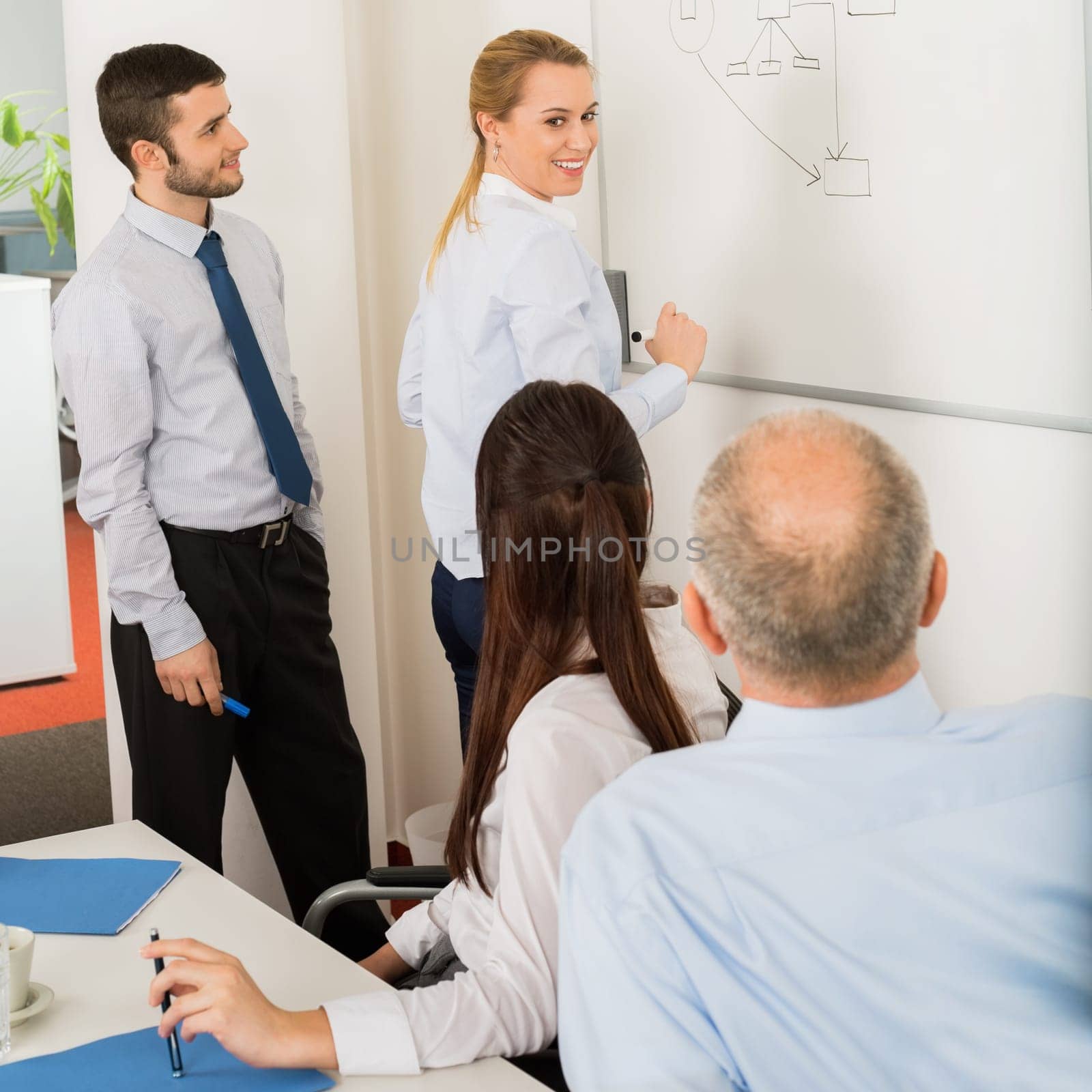 Business team planning strategy on whiteboard in boardroom meeting