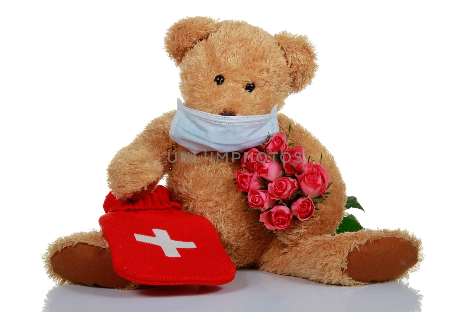 Teddy bear with hot water bottle and roses