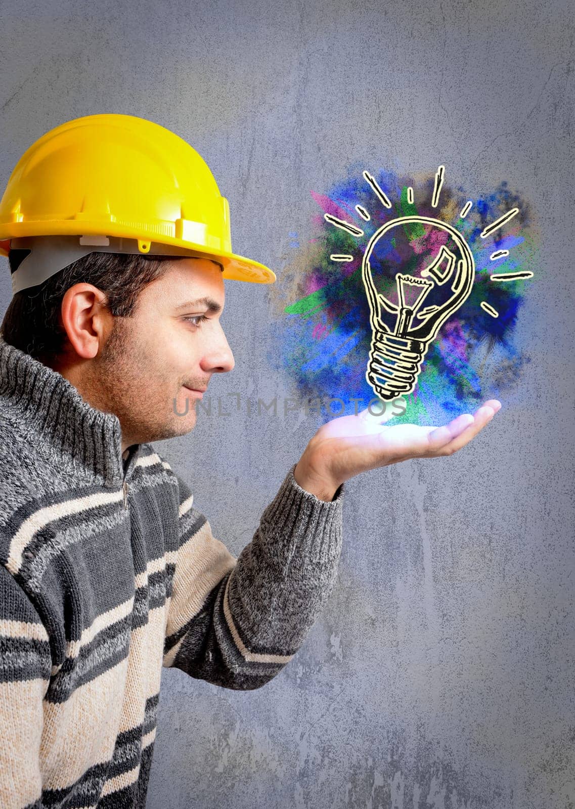 Engineer with a helmet on his head, reflecting staring into the void holding a pencil under her nose