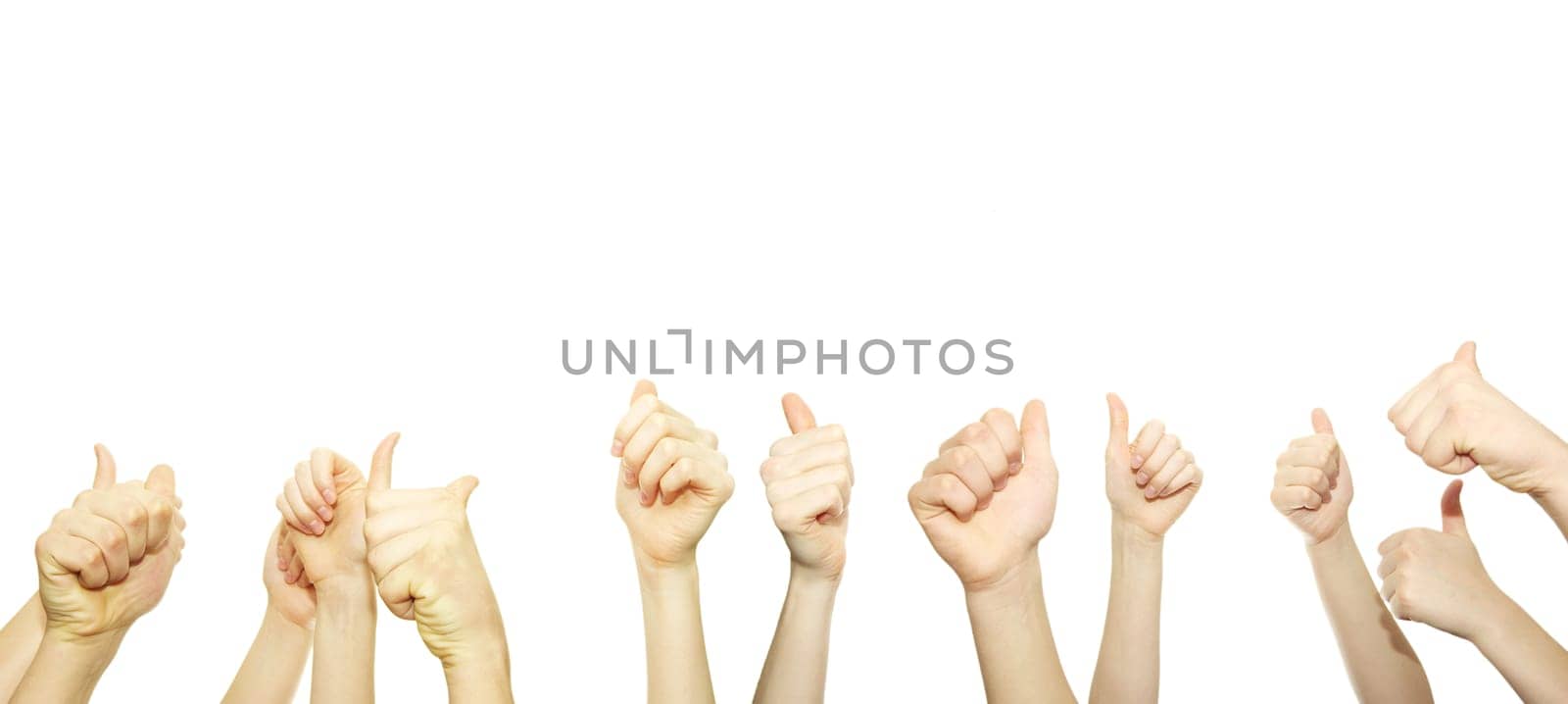 Many hand lifted up on white background