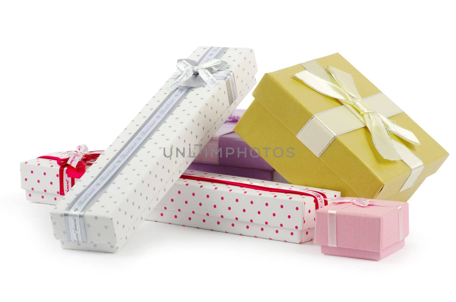 Christmas box gifts with satin bow isolated on white background