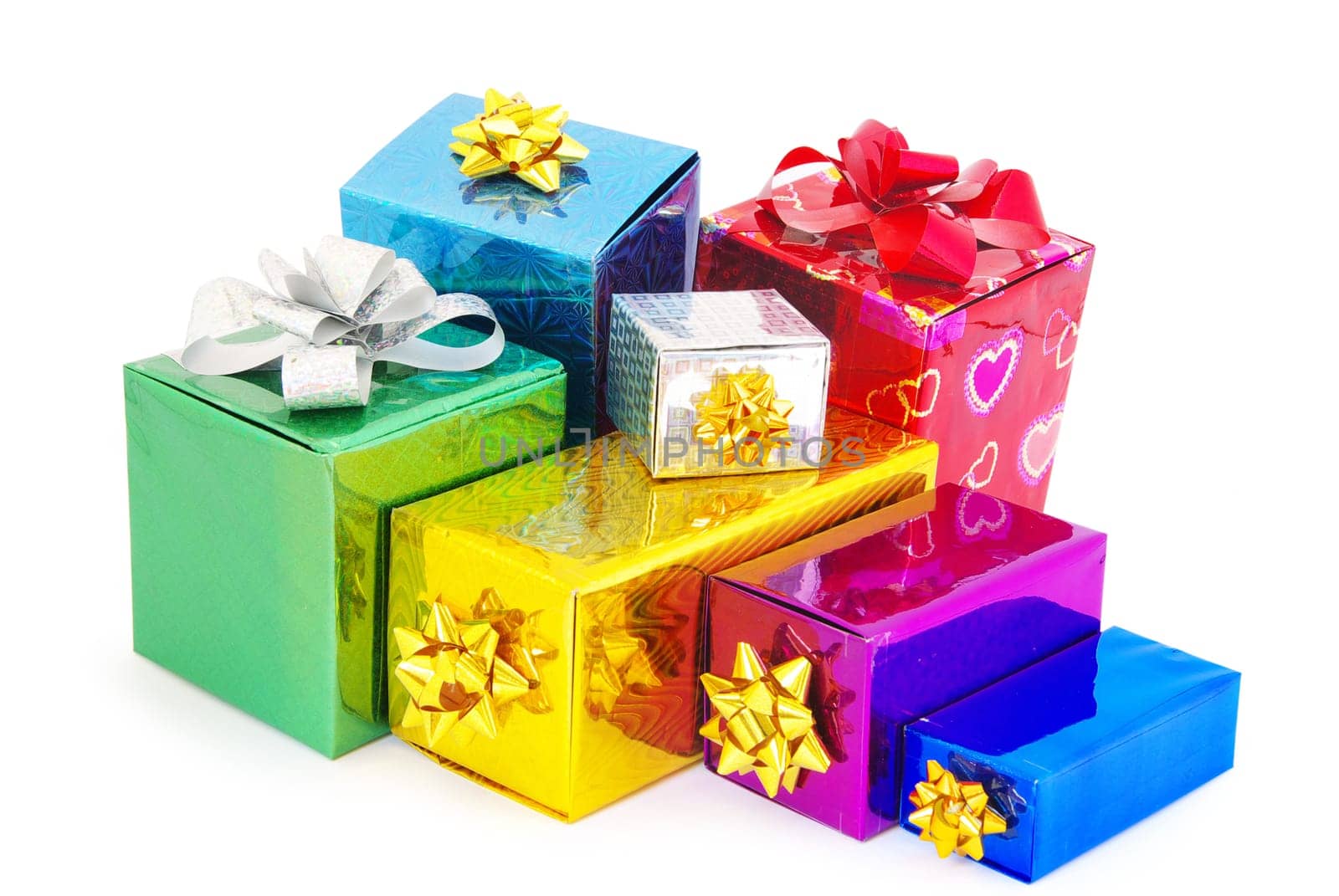 Christmas box gifts with satin bow isolated on white background