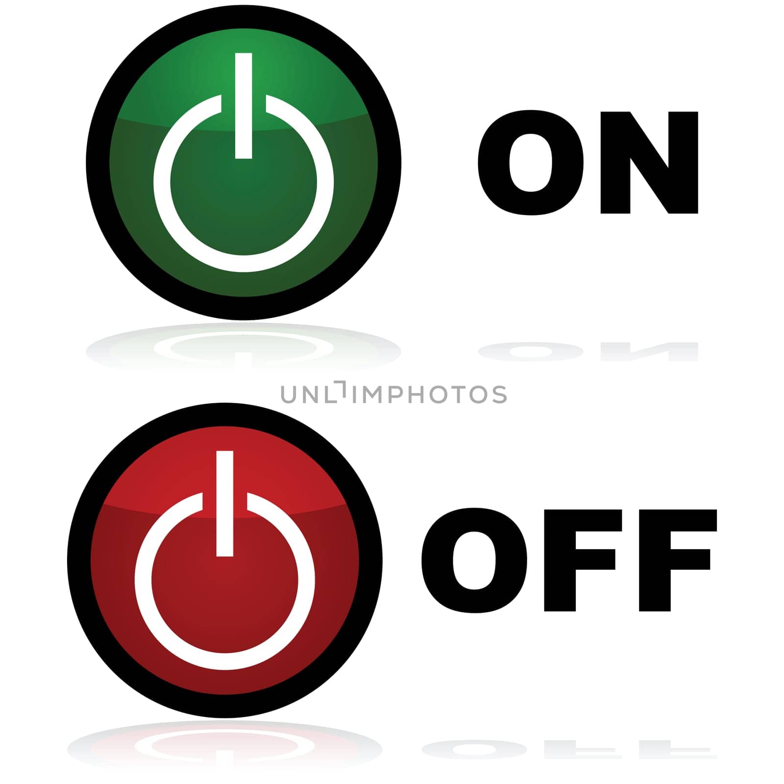 Glossy illustration showing on and off buttons in green and red, respectively