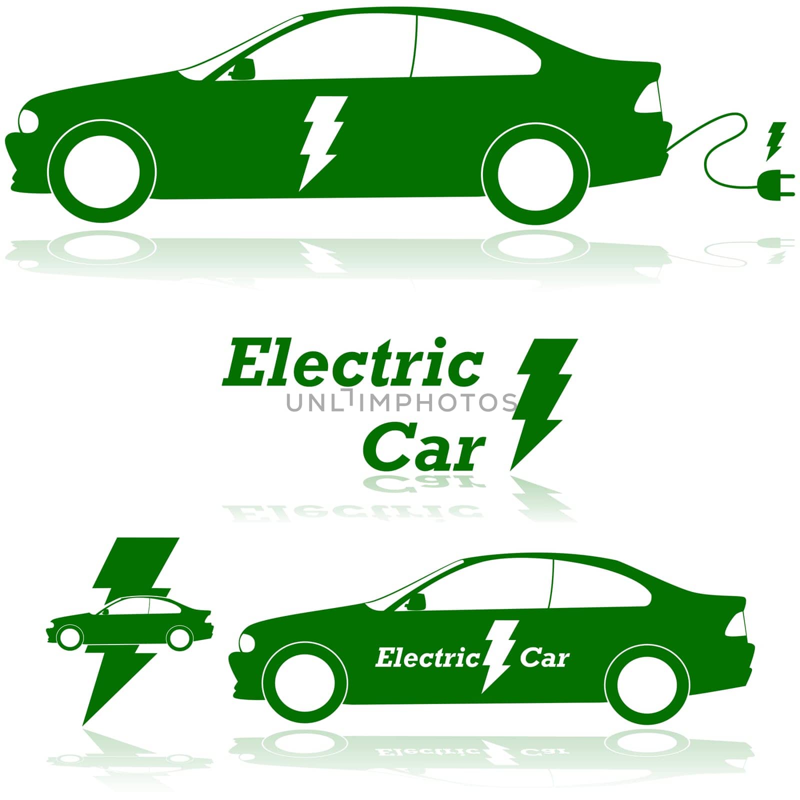 Concept illustration showing an electric car with a lightning bolt and an electrical plug