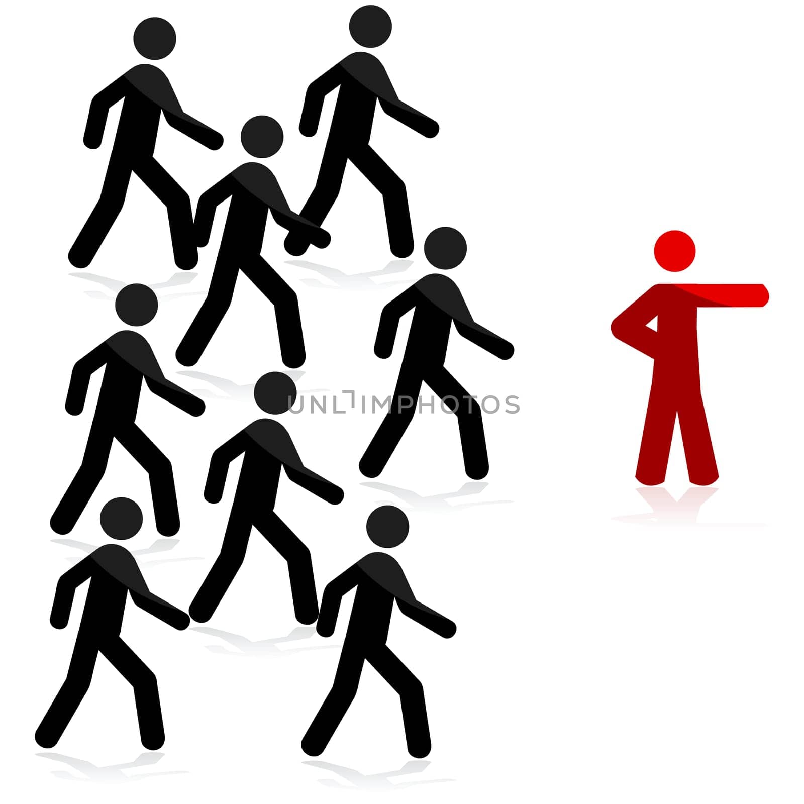 Concept illustration showing a red man pointing forward and a group of people following