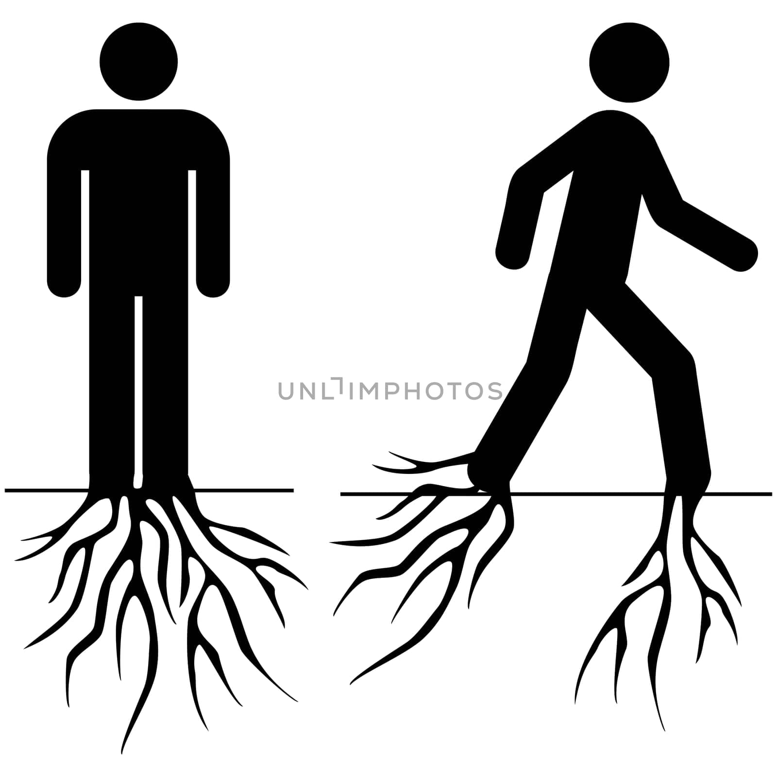 Concept illustration showing a man standing rooted to the ground and then starting to move