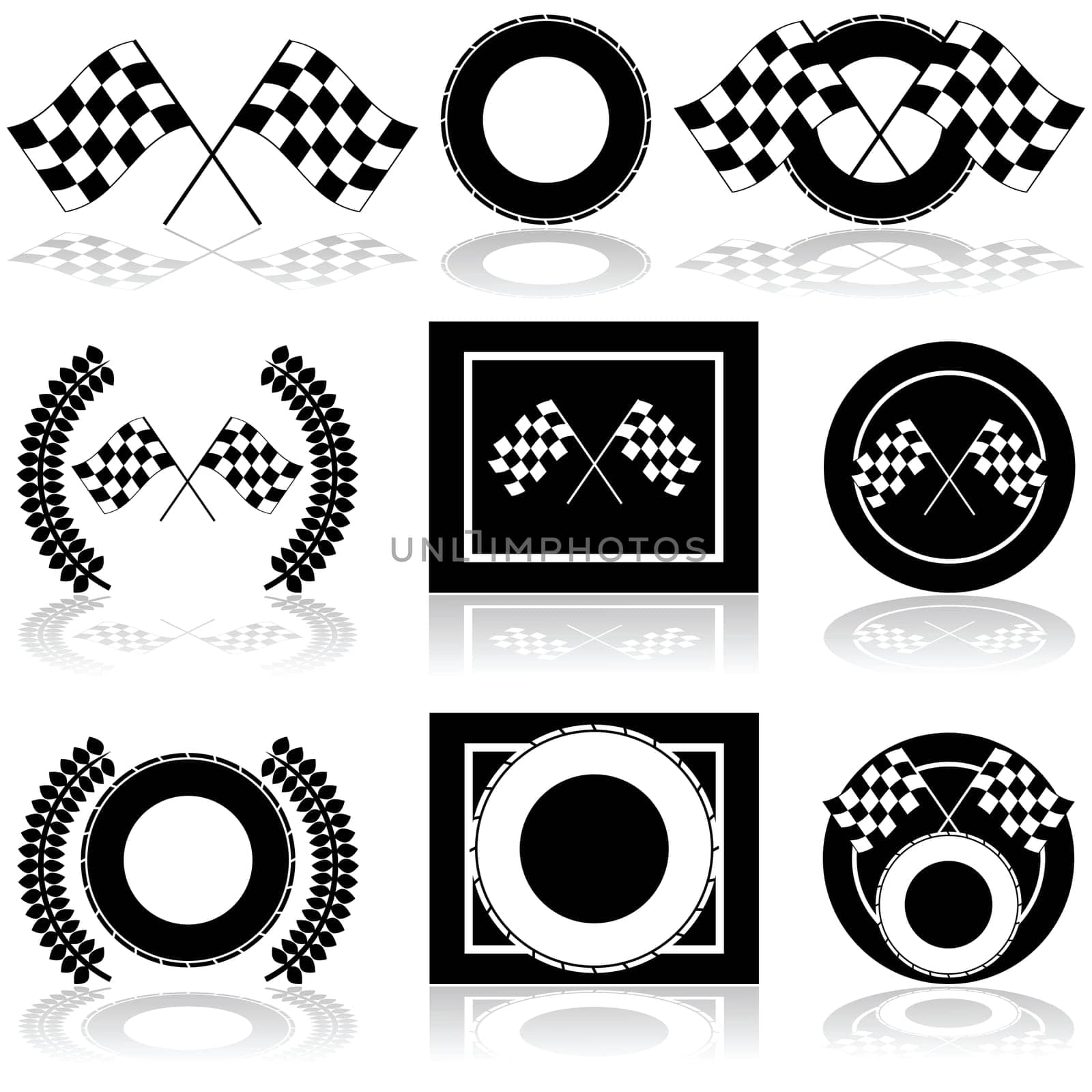 Icon set showing a couple of checkered flags and a tire set up in different arrangements