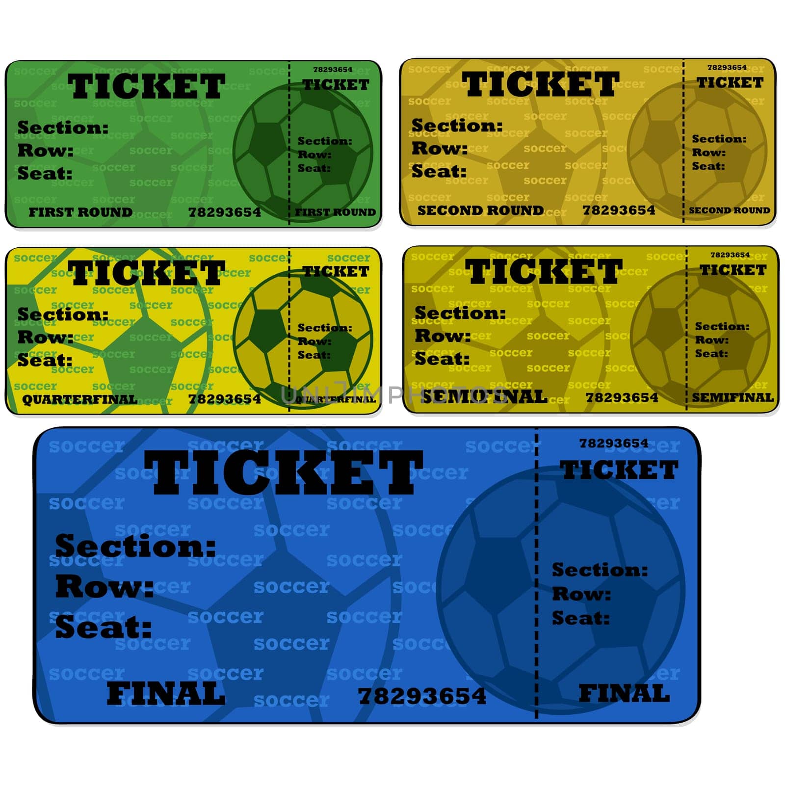Cartoon illustration showing blank soccer (football) tickets in different colors