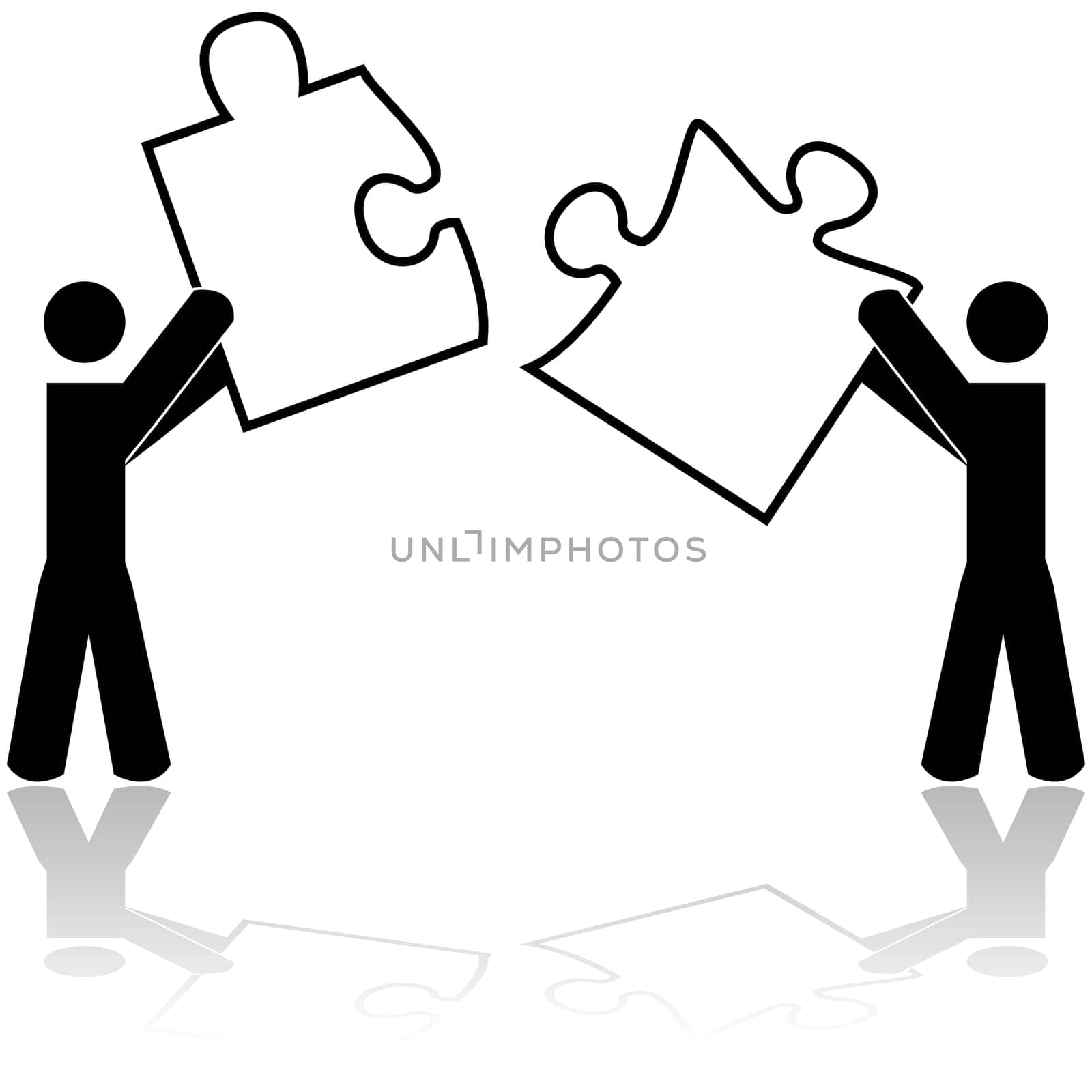 Concept illustration showing two people carrying matching puzzle pieces