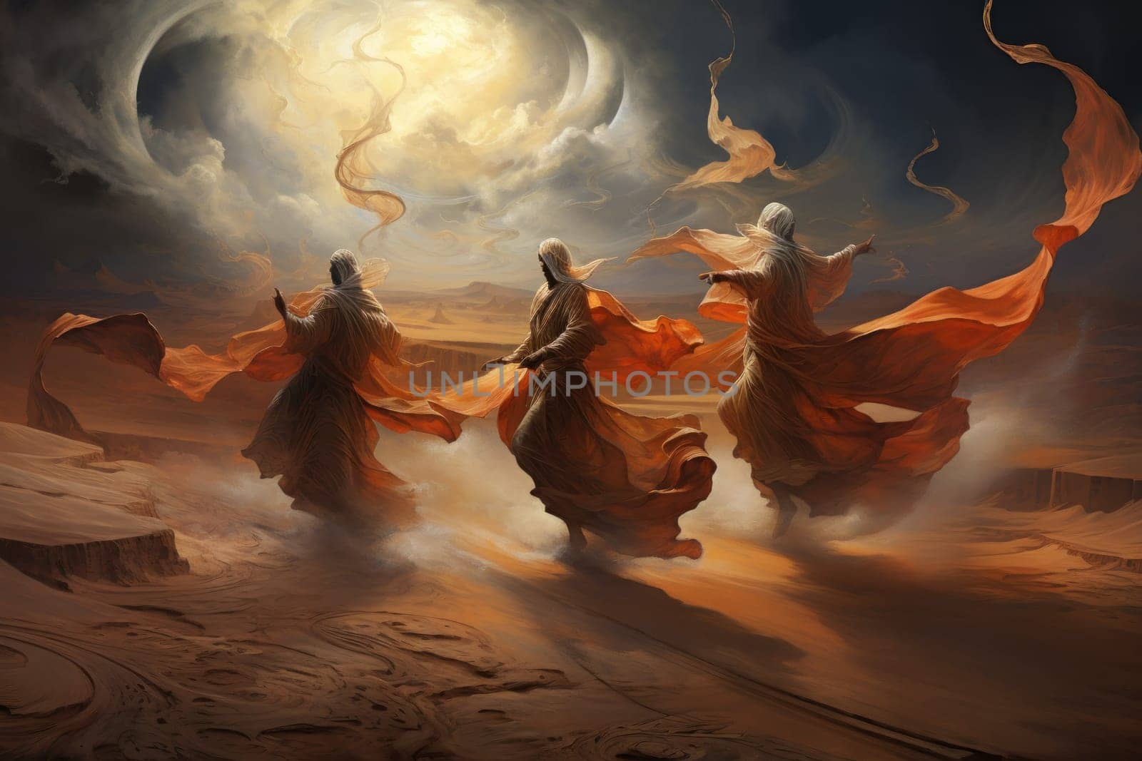 In the enchanting world of fantasy, there exist mystical beings known as whirling sand dervishes.