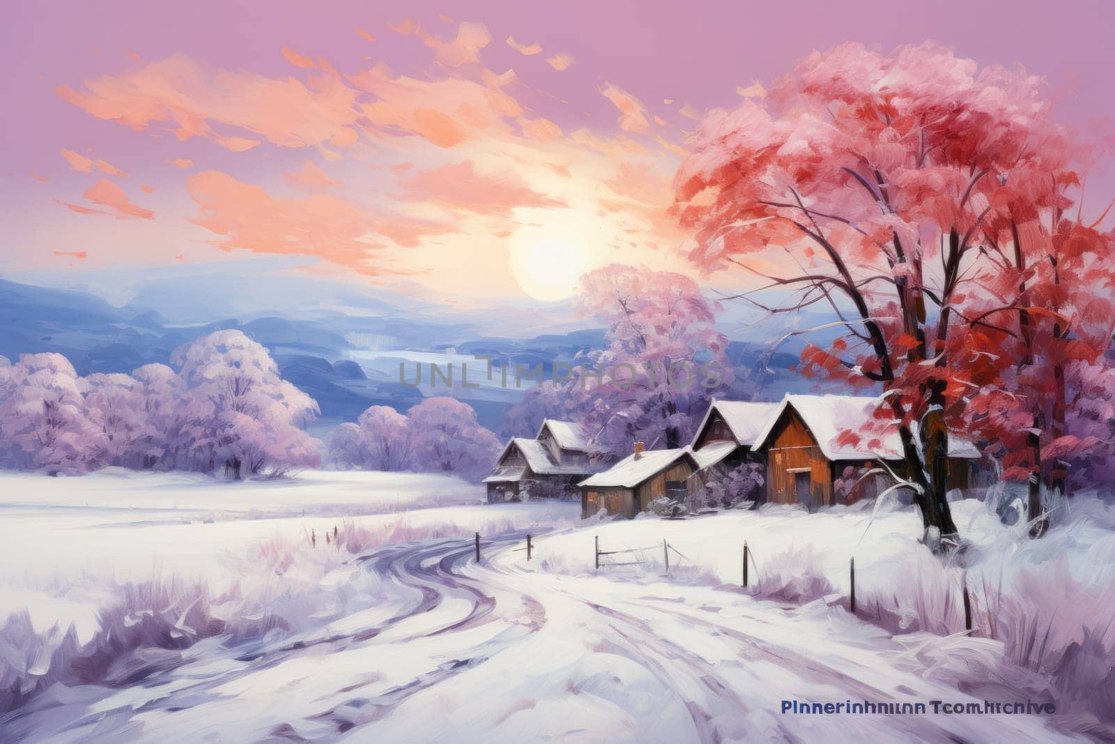 An exquisite winter composition, expertly capturing the tranquil allure of recently fallen snow draping over trees, landscapes, and architectural structures.
