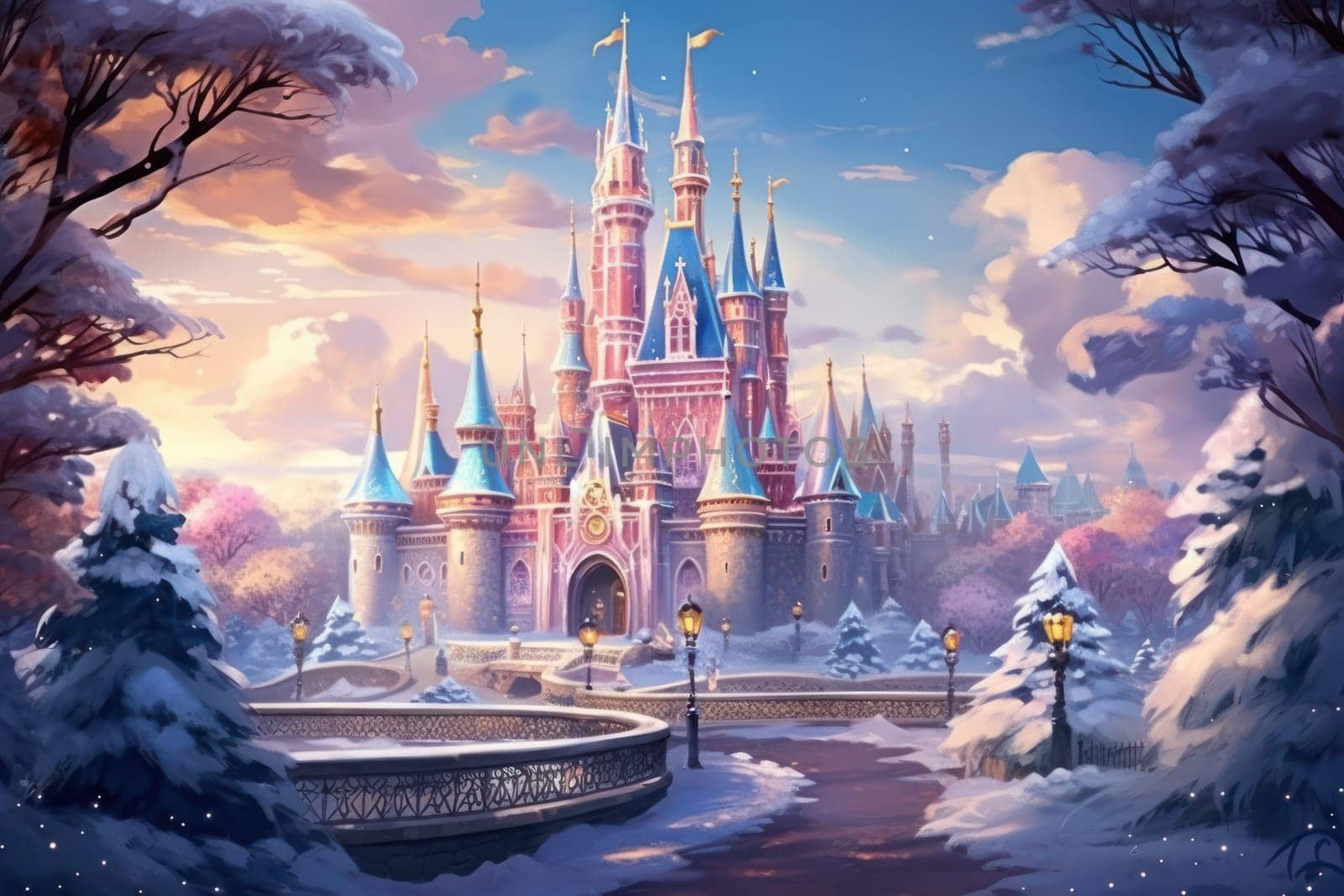 A captivating artistic portrayal of the enchanting winter season, where landscapes are magically transformed into a wonderland adorned with shimmering snow and sparkling icicles.