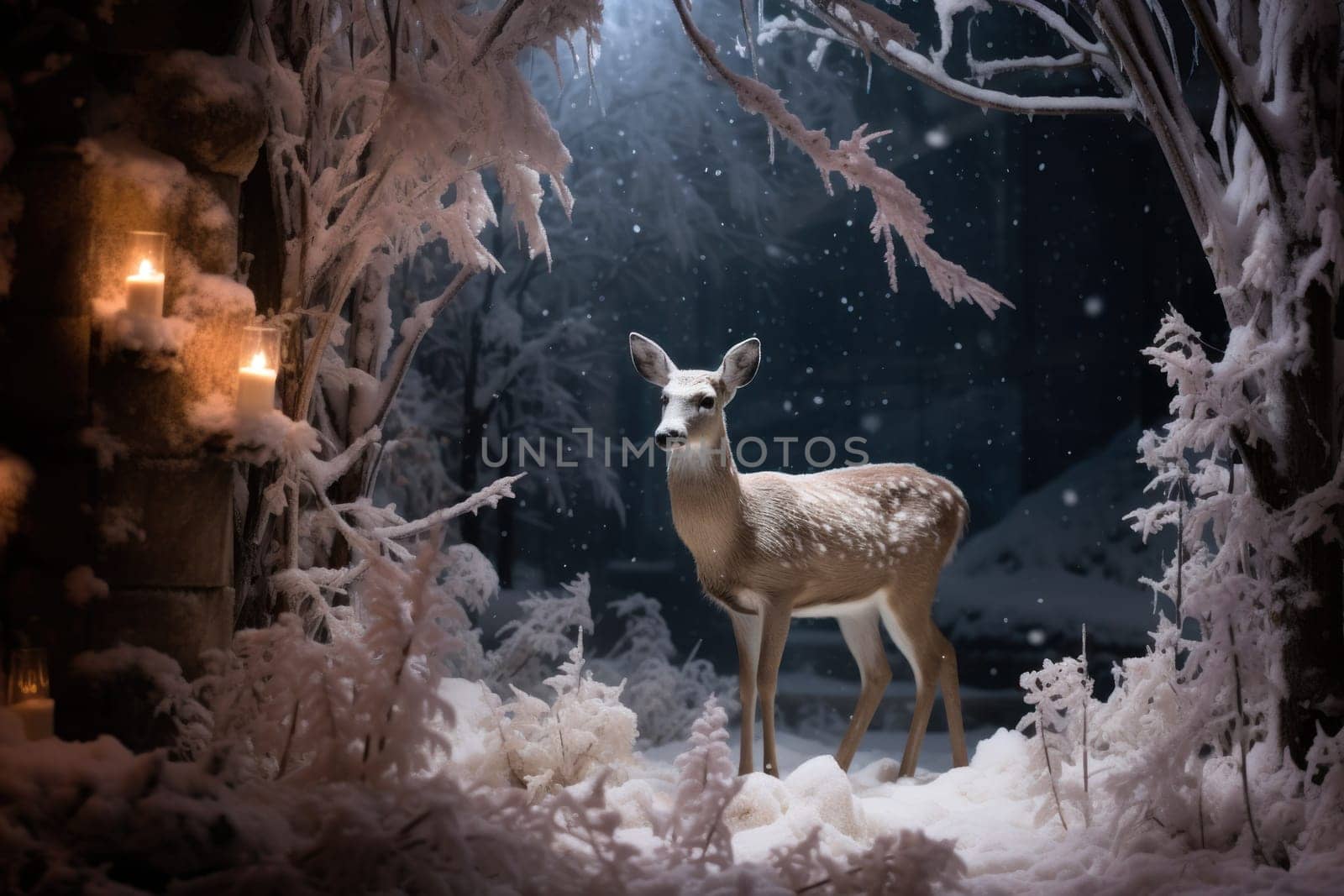 An enchanting winter tableau, showcasing the grace and resilience of wildlife, including deer, birds, and squirrels, in their natural habitats during the frosty season.