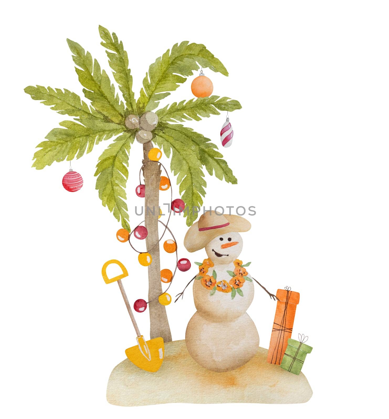 Caribbean merry christmas watercolor painting with snowman, palms xmas tree and garland. Tropical beach new year postcard