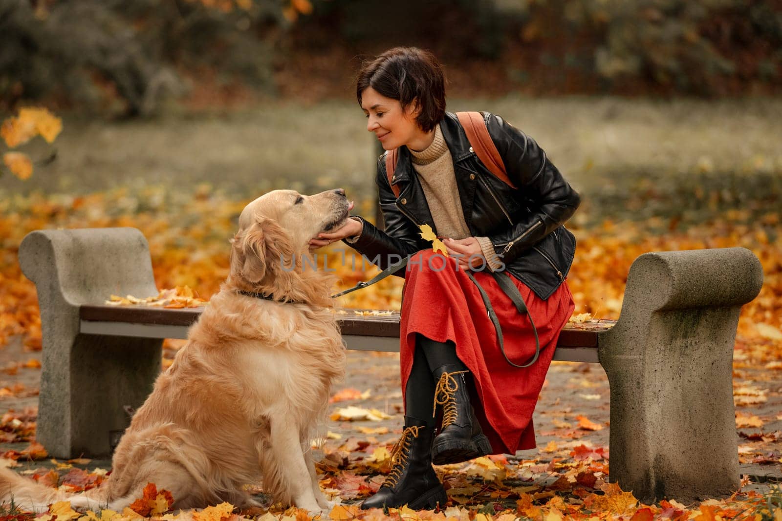 A young woman sitting on a bench in an autumn park and petting a Golden Retriever dog