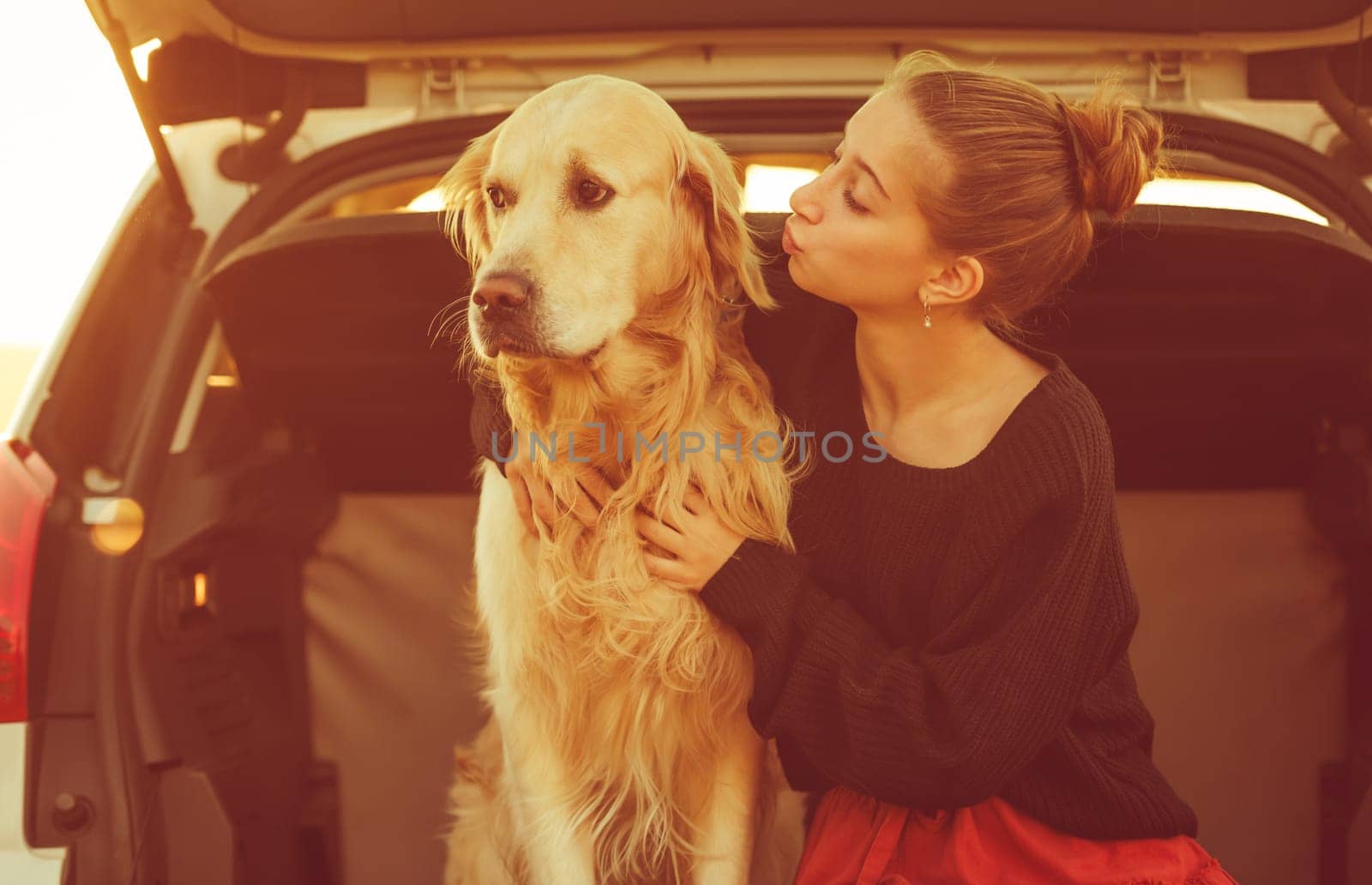 Beautiful girl with golden retriever dog in car by tan4ikk1