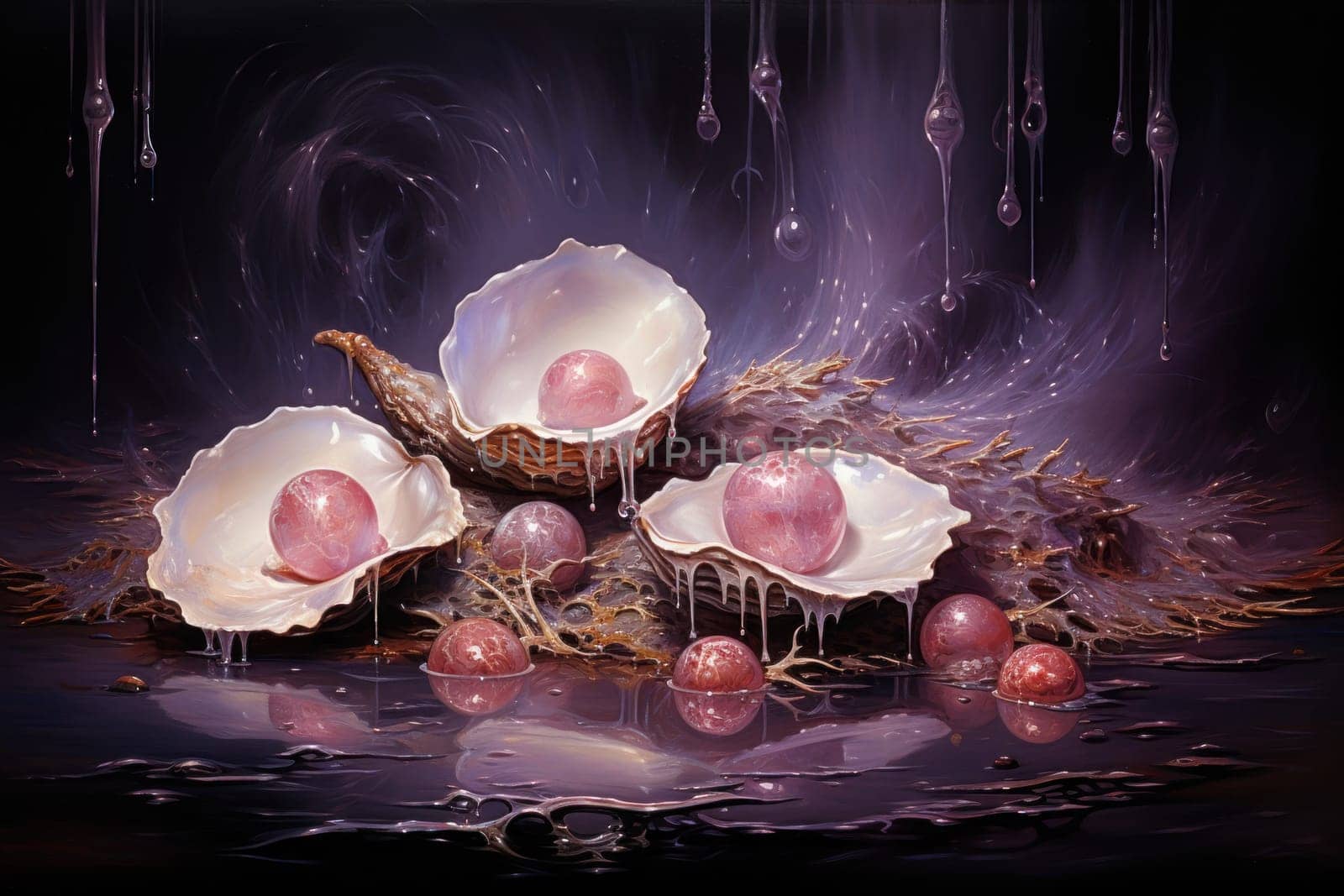 An enchanting depiction of radiant pearl oysters, tenderly nurturing exquisite pearls imbued with enigmatic properties.