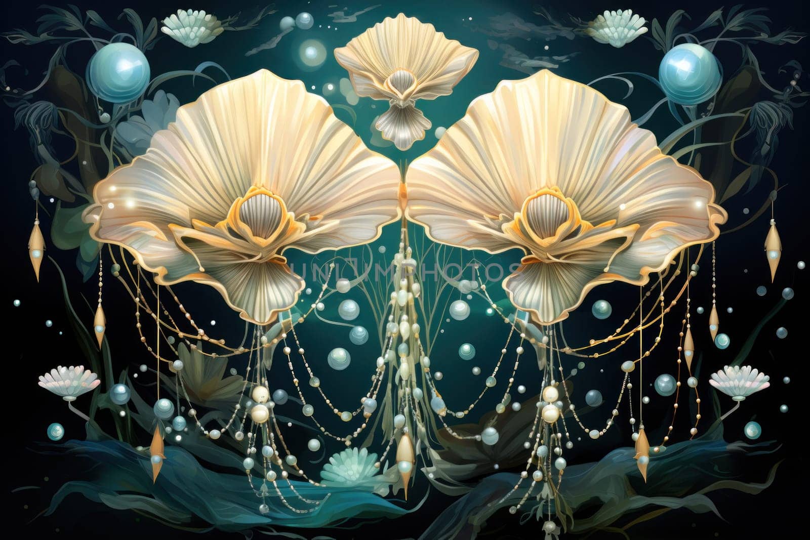 An enchanting depiction of radiant pearl oysters, tenderly nurturing exquisite pearls imbued with enigmatic properties.