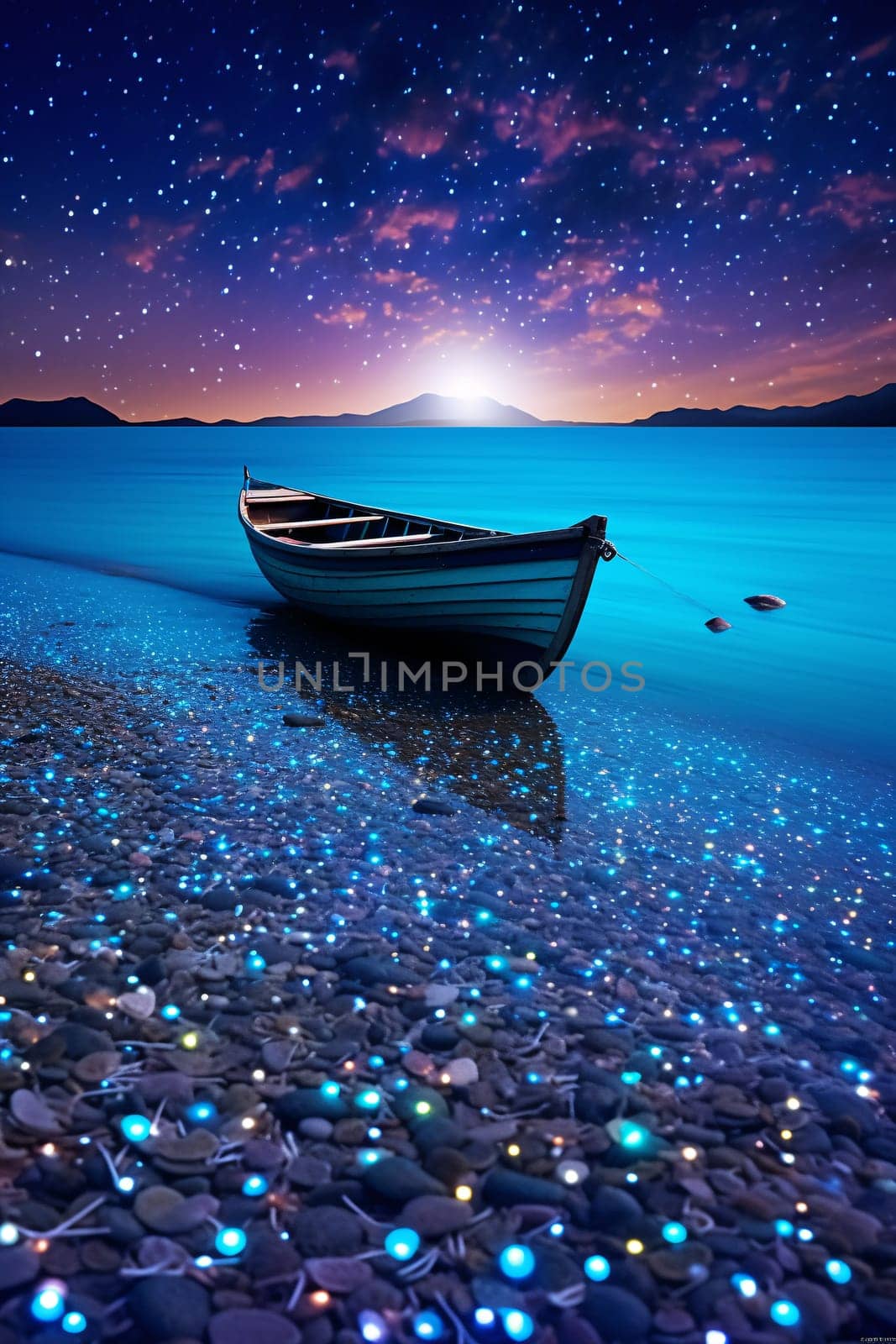A magical silhouette of a boat cuts across the sparkle of starlit water - AI generative