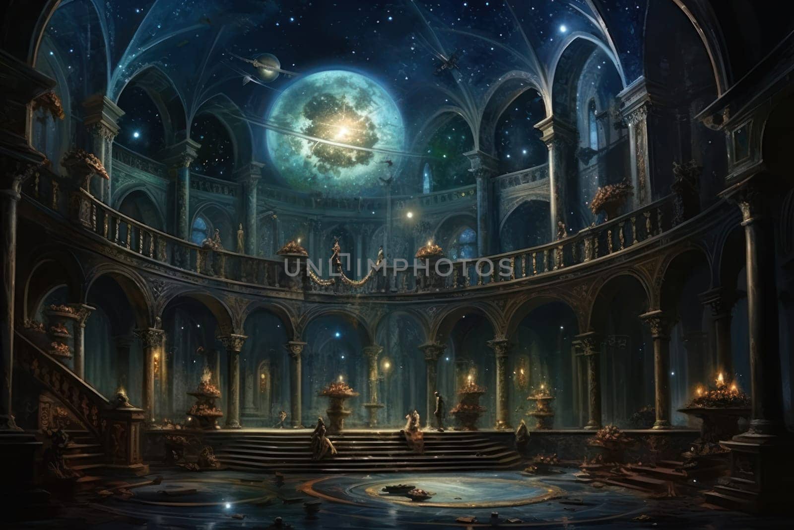 An awe-inspiring depiction of celestial libraries, ancient repositories of boundless universal wisdom.