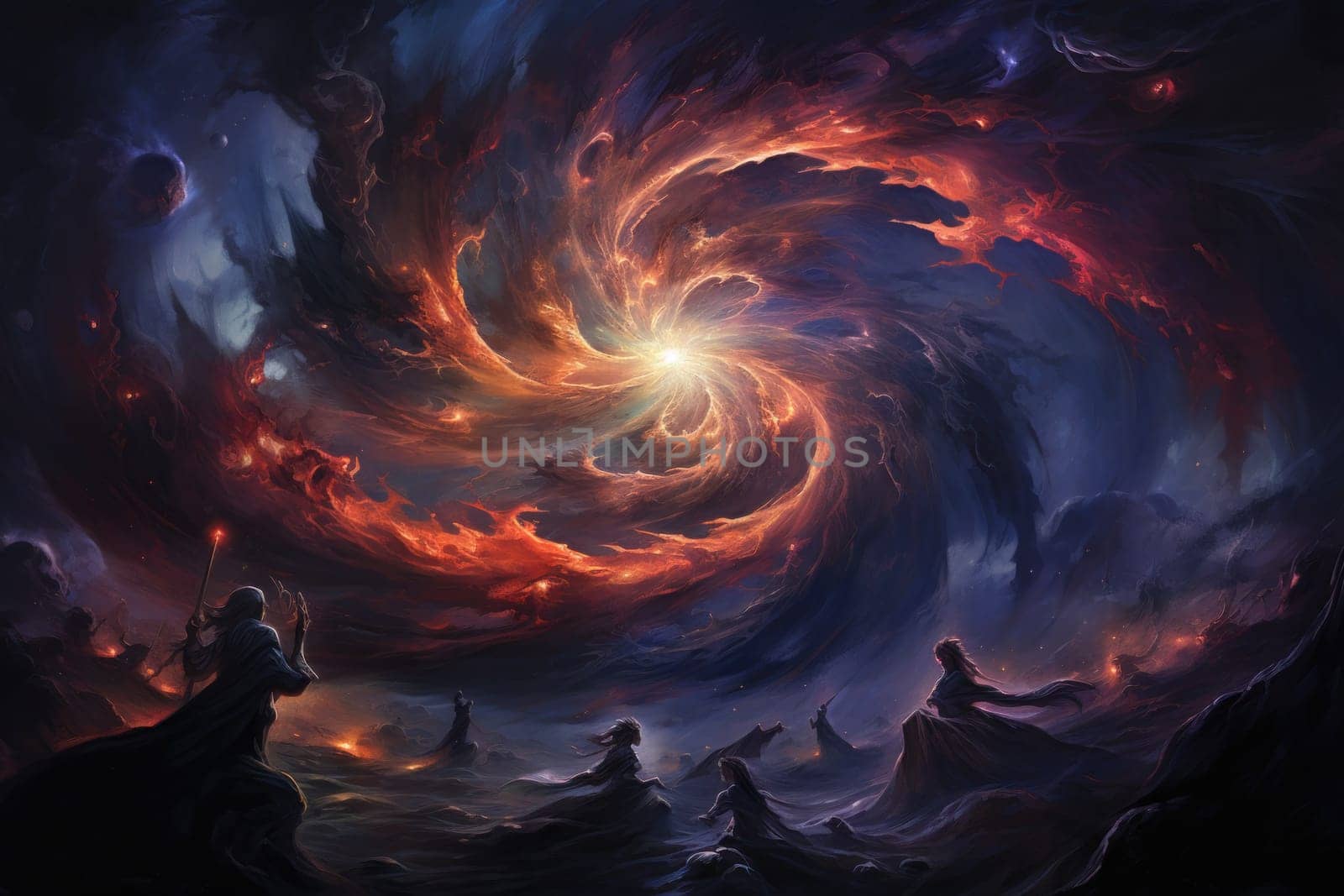 In the realm of fantasy, whirling vortex elementals manifest, harnessing their elemental prowess to conjure powerful storms.