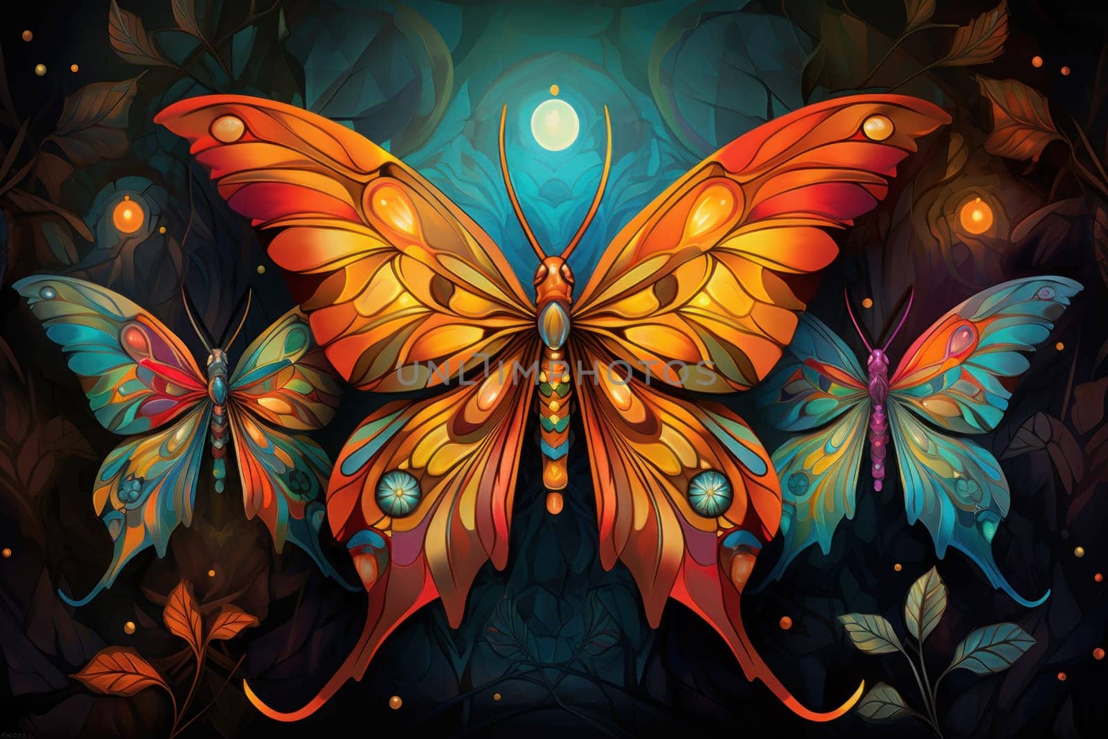 A captivating portrayal of celestial moth guardians, their ethereal presence warding off malevolent spirits with a soft, lunar glow.