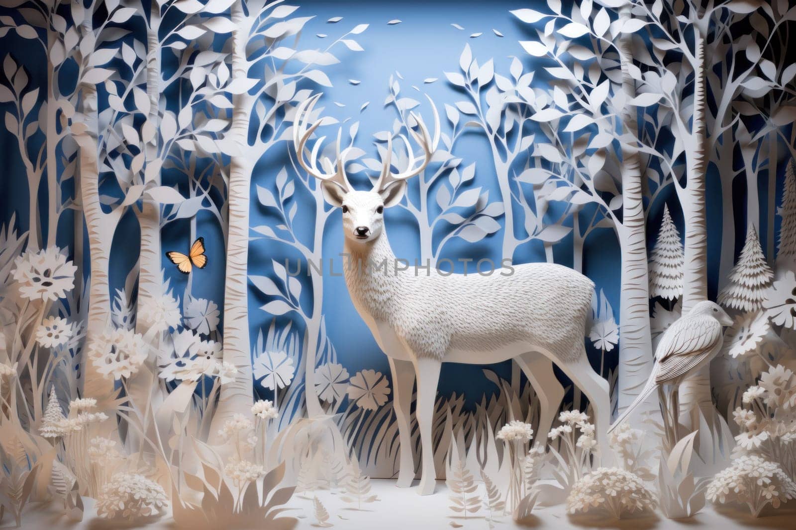 An enchanting winter tableau, showcasing the grace and resilience of wildlife, including deer, birds, and squirrels, in their natural habitats during the frosty season.