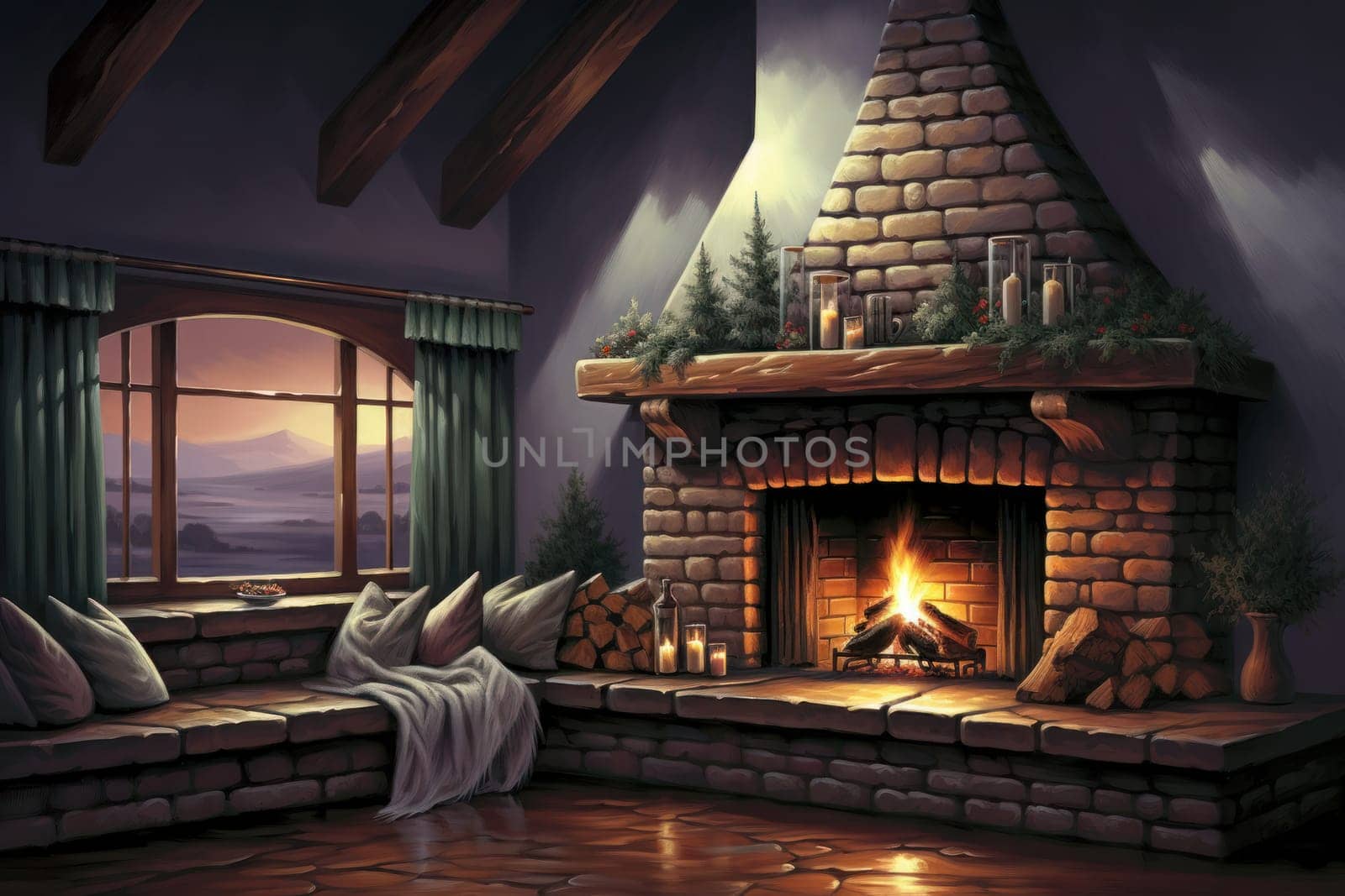 A heartwarming depiction of the winter season's charm, with individuals captured indoors, basking by a crackling fire, indulging in hot cocoa, or cocooned in soft blankets.
