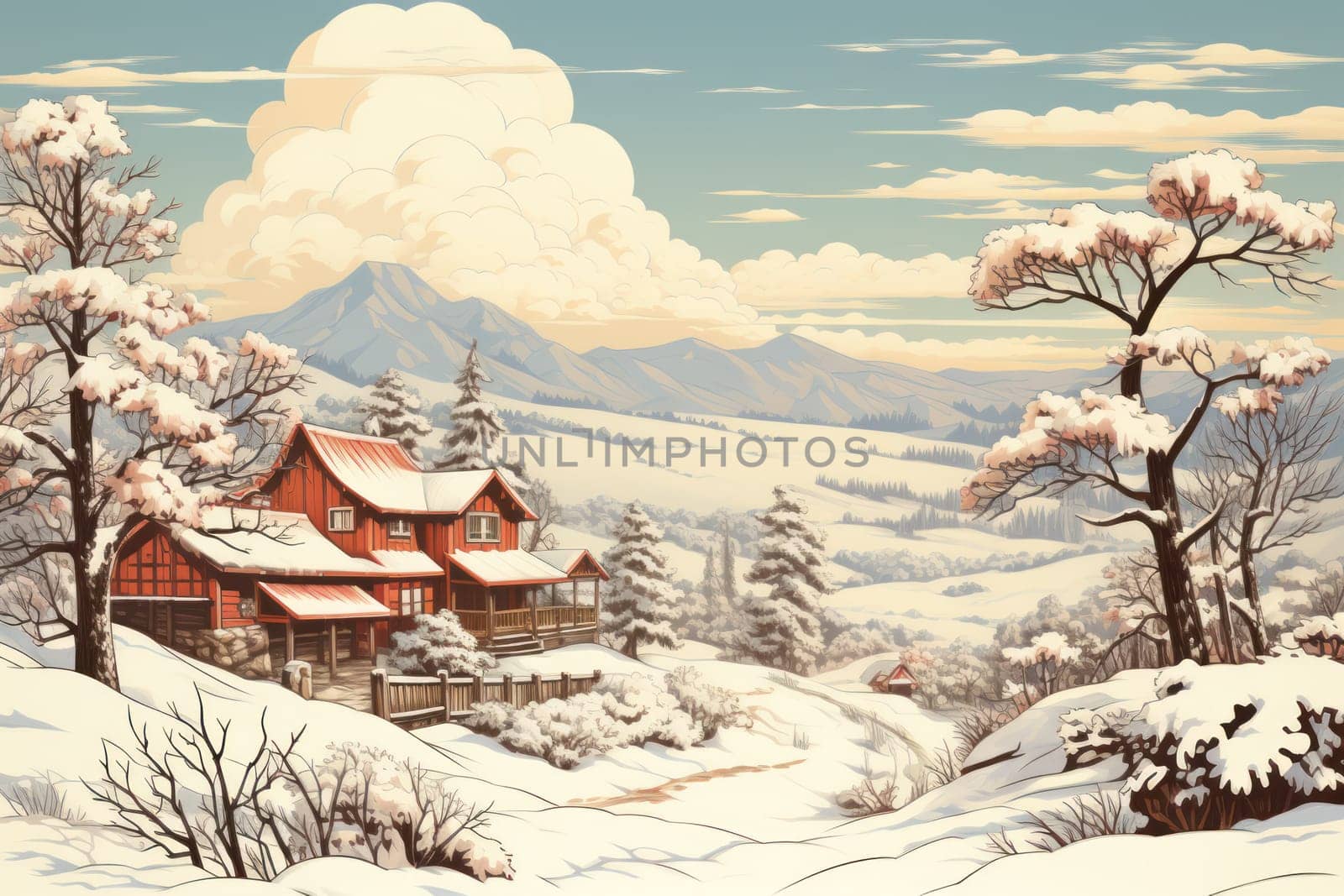 An exquisite winter composition, expertly capturing the tranquil allure of recently fallen snow draping over trees, landscapes, and architectural structures.
