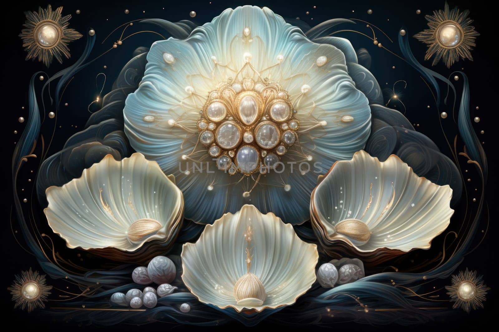 An enchanting depiction of radiant pearl oysters, tenderly nurturing exquisite pearls imbued with enigmatic properties.