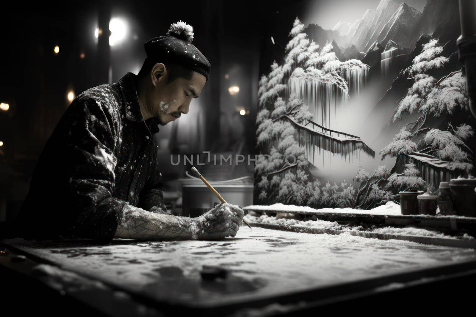 A captivating artistic portrayal of the enchanting winter season, where landscapes are magically transformed into a wonderland adorned with shimmering snow and sparkling icicles.