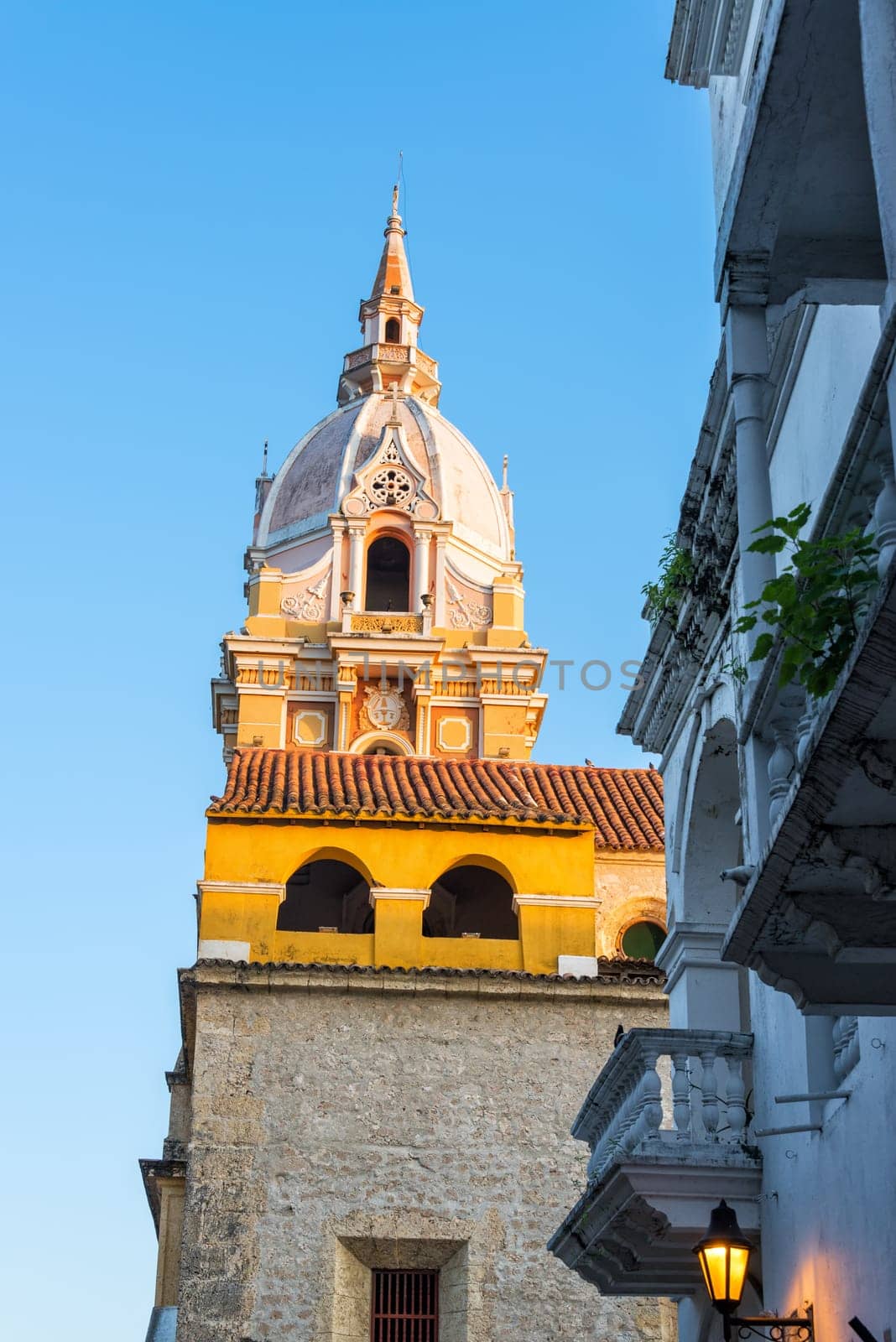 Spire of the cathedral in the historic center of Cartagena, Colombia