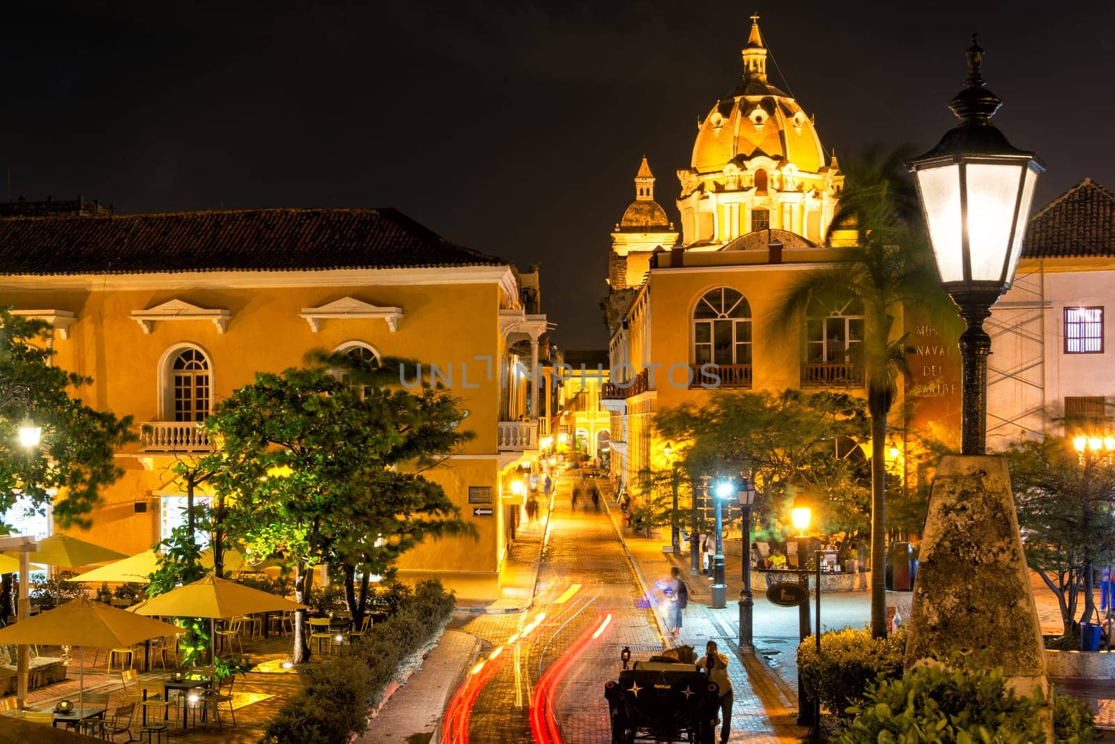 Plaza in the historic center of Cartagena, Colombia taken at night time
