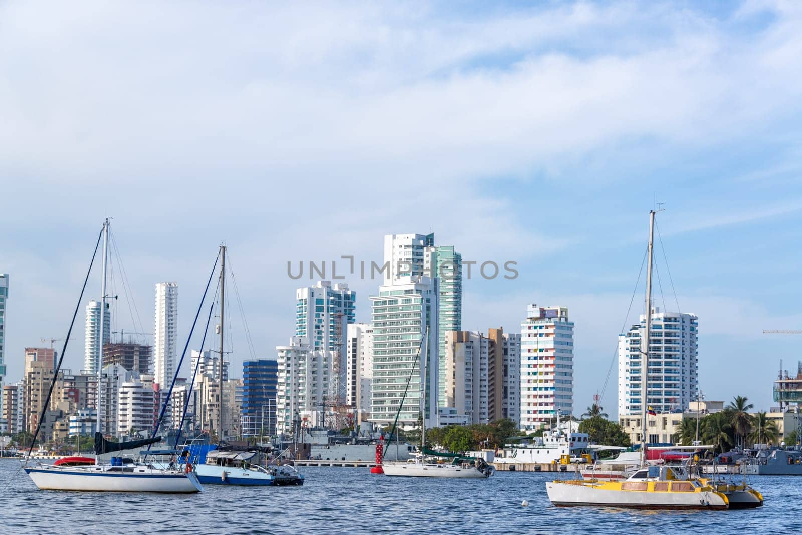 Boats and yachts in front of the modern section of Cartagena, Colombia