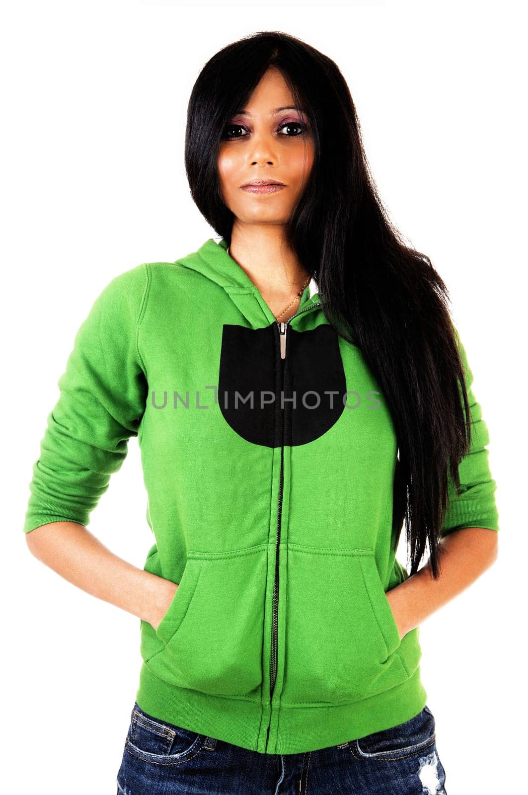 A closeup picture of a young  Hispanic woman with her long black hair.standing isolated for white background in a green hooded..