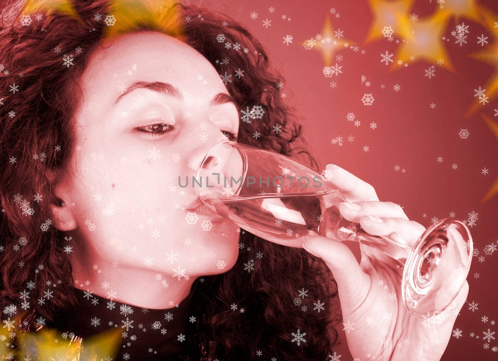 Woman drinking champagne . Happy new year!