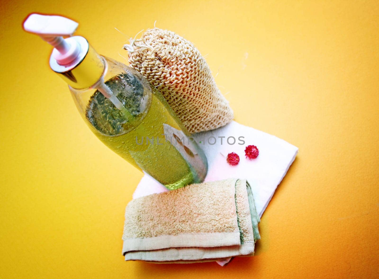 Collection of bath, spa, shower and beauty products ready for use