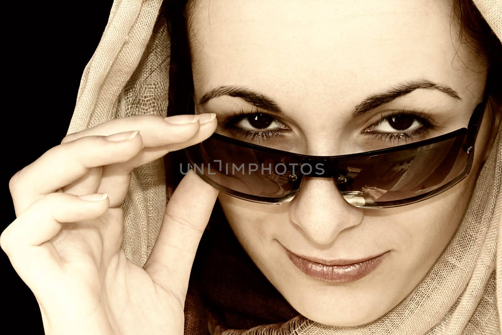Modern Girl with Sun and Scarf - Face  close-up, isolated in black