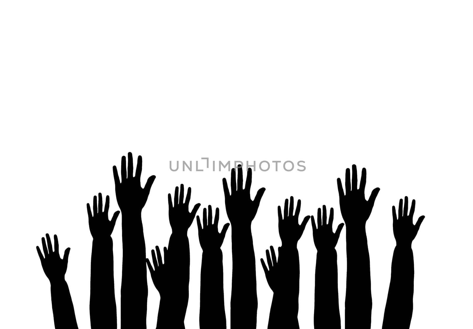 Lots of hands up, at a party. Isolated