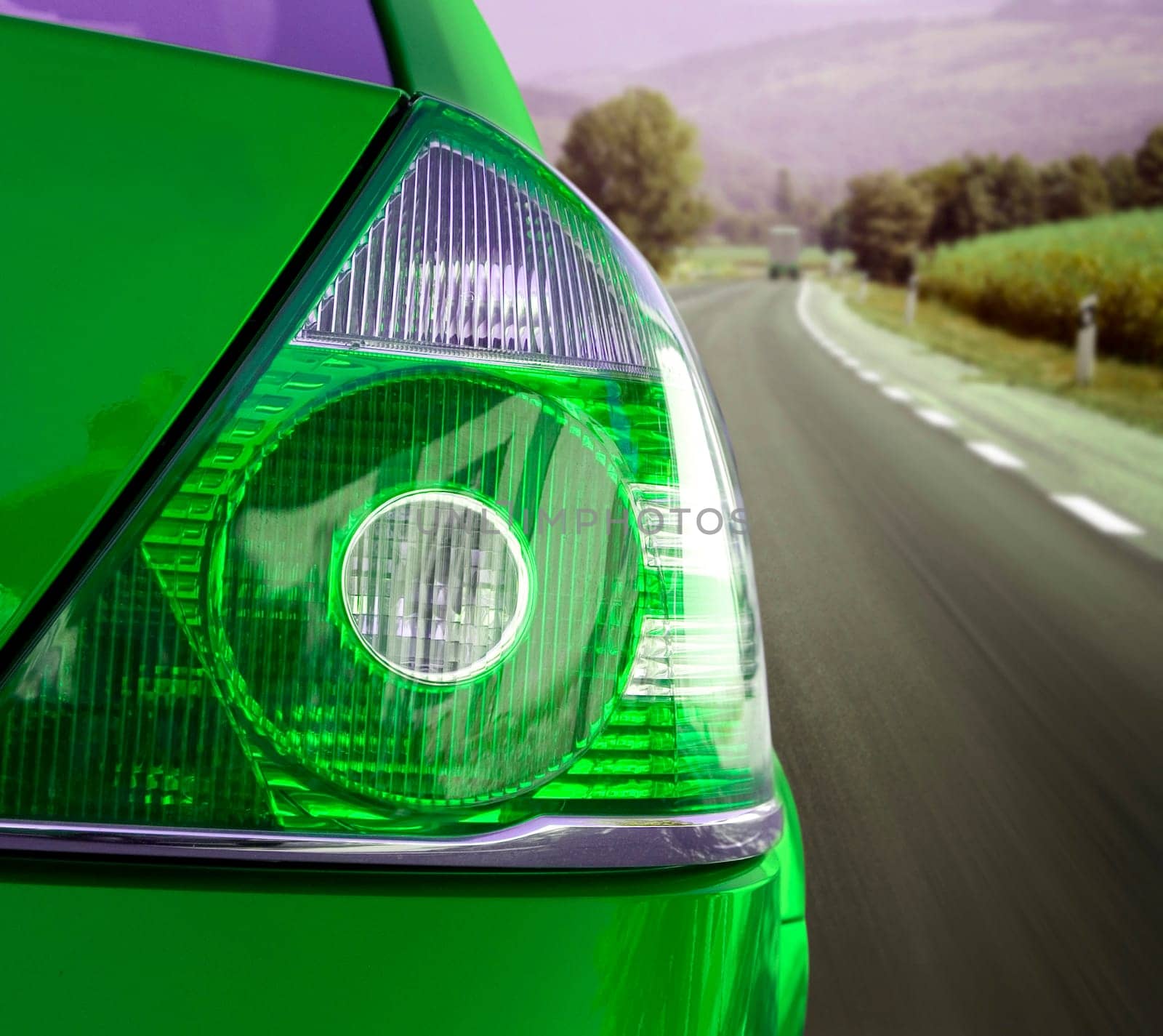 Fast car on the highway. Back view.